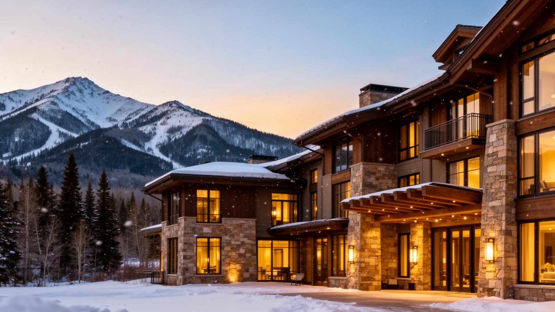 The Limelight Aspen at twilight, snow-covered mountains in the background
